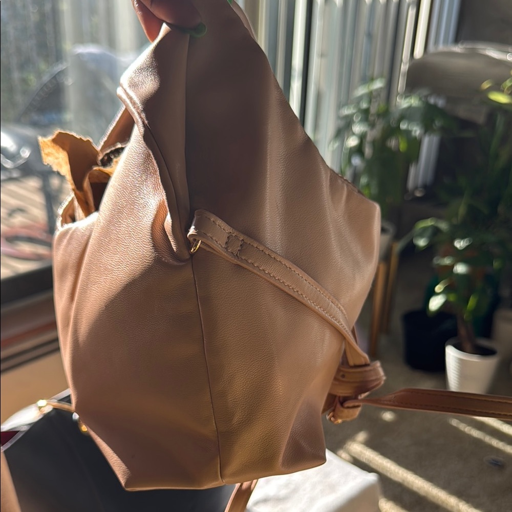 Tan Mini Bag with Slouchy Structure and Matte Finish